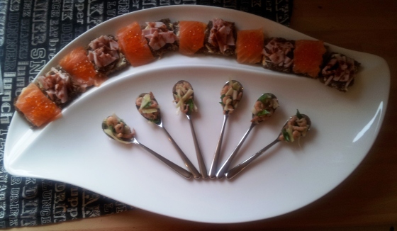 Christmas canapes - Smoked Salmon, Ham and Porcini, Brown Shrimp