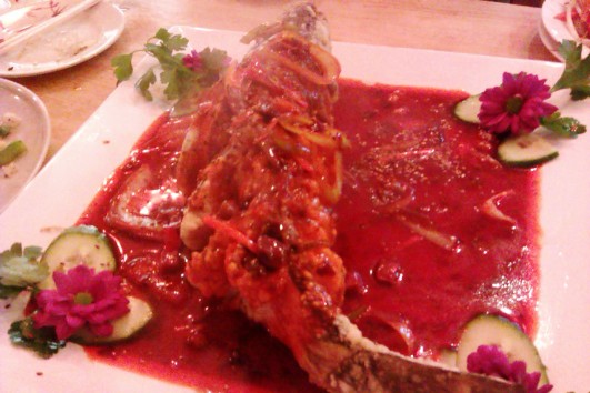 Spicy whole sea bass at Japanese restaurant Kyotoya in Withington, Manchester