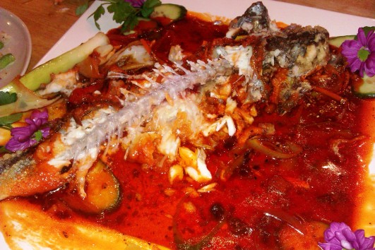 Spicy whole sea bass at Japanese restaurant Kyotoya in Withington, Manchester