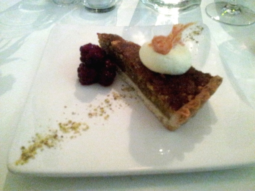 Pistachio tart dessert at The Rose Garden restaurant, West Didsbury