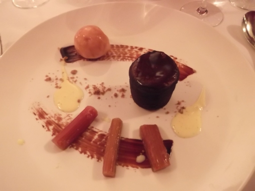 Chocolate fondant with rhubarb at Deanes, Belfast