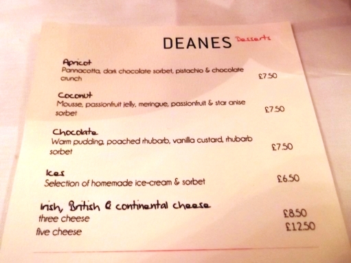 Dessert menu at Deanes, Belfast